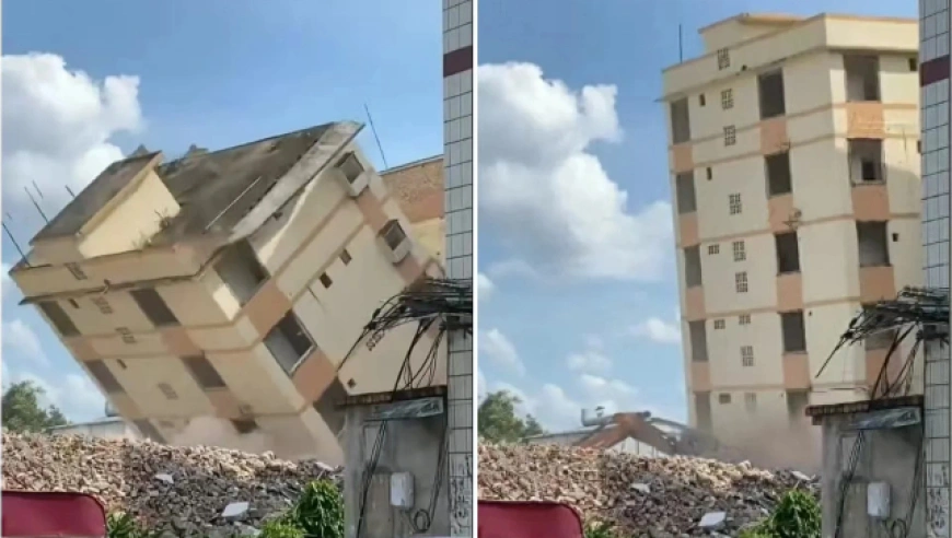 广西南宁六层违建拆除时突发倒塌砸中挖掘机臂幸运司机无恙