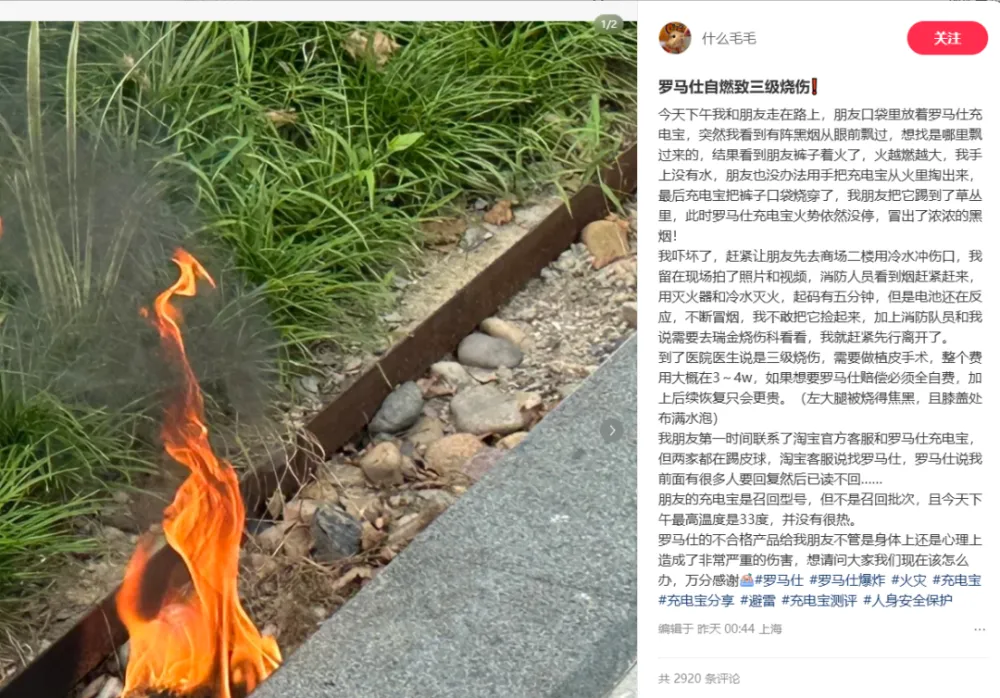 罗马仕充电宝自燃致三级烧伤，消费者维权与市场监管介入