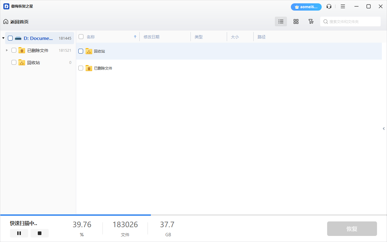 自动执行快速扫描和深度扫描后，你将看到已删除和丢失的文件